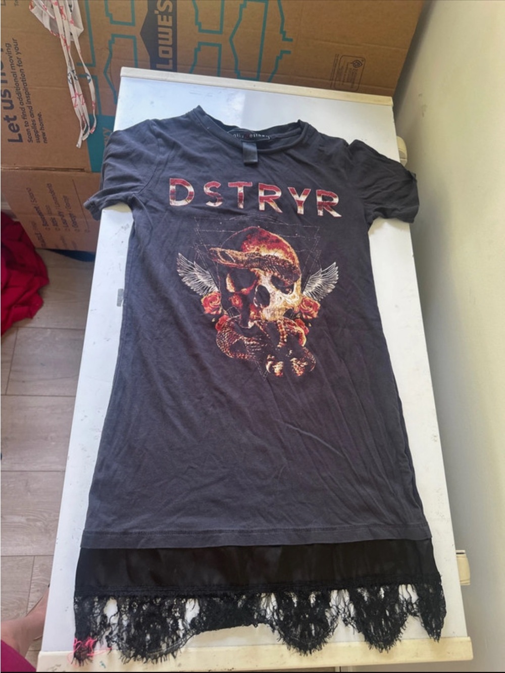 Polly & Esther Black Graphic Skull Tee with Lace Hem